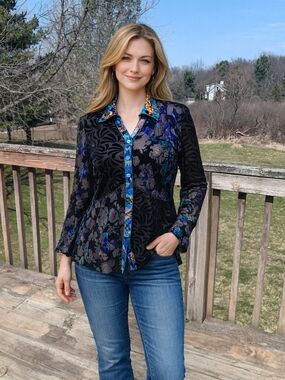 Patchington Black Blue Floral Print Long Sleeve Button Up Boho Blouse Large